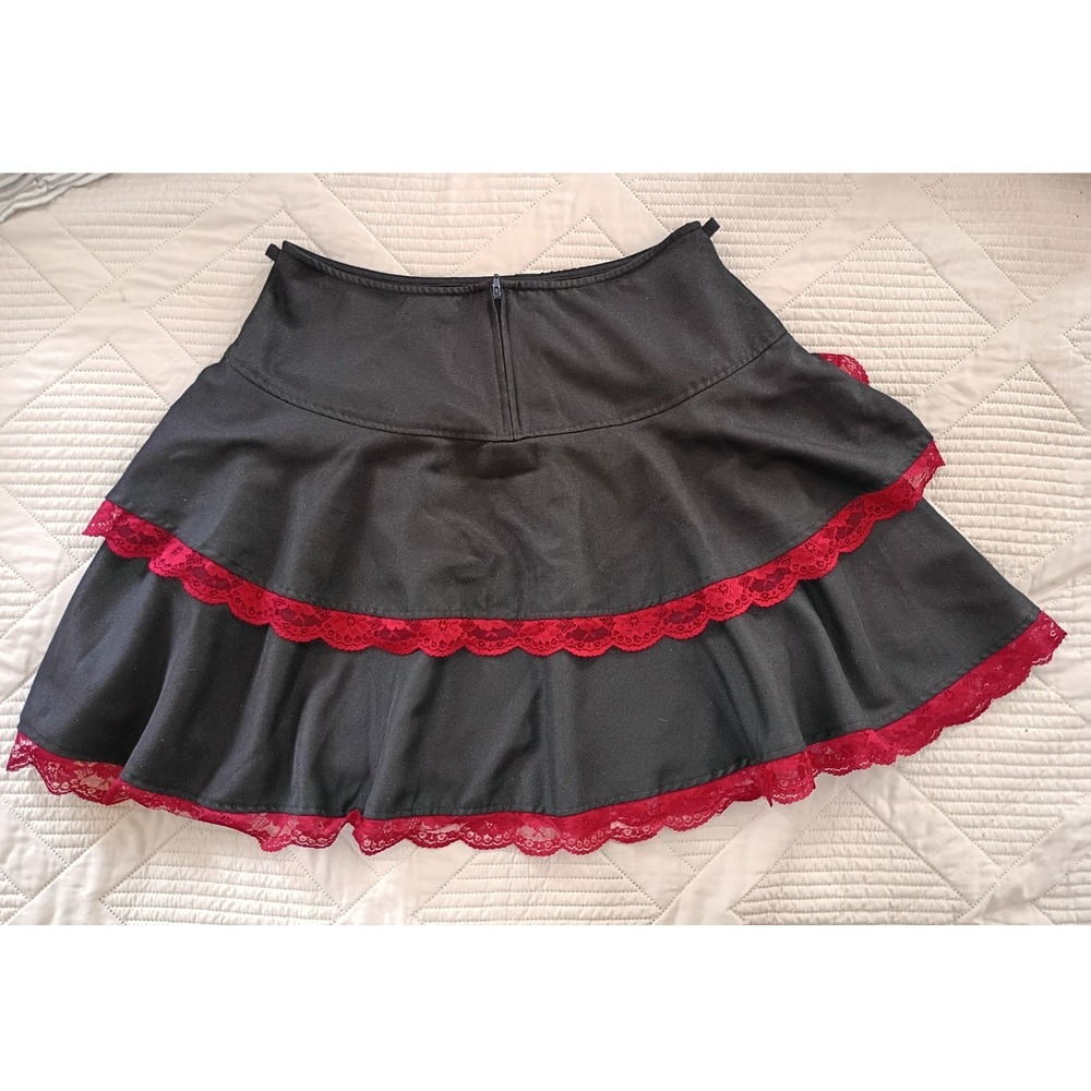 Black Mini Skirt with Red Lace Trim and Bow - Picture 2 of 5
